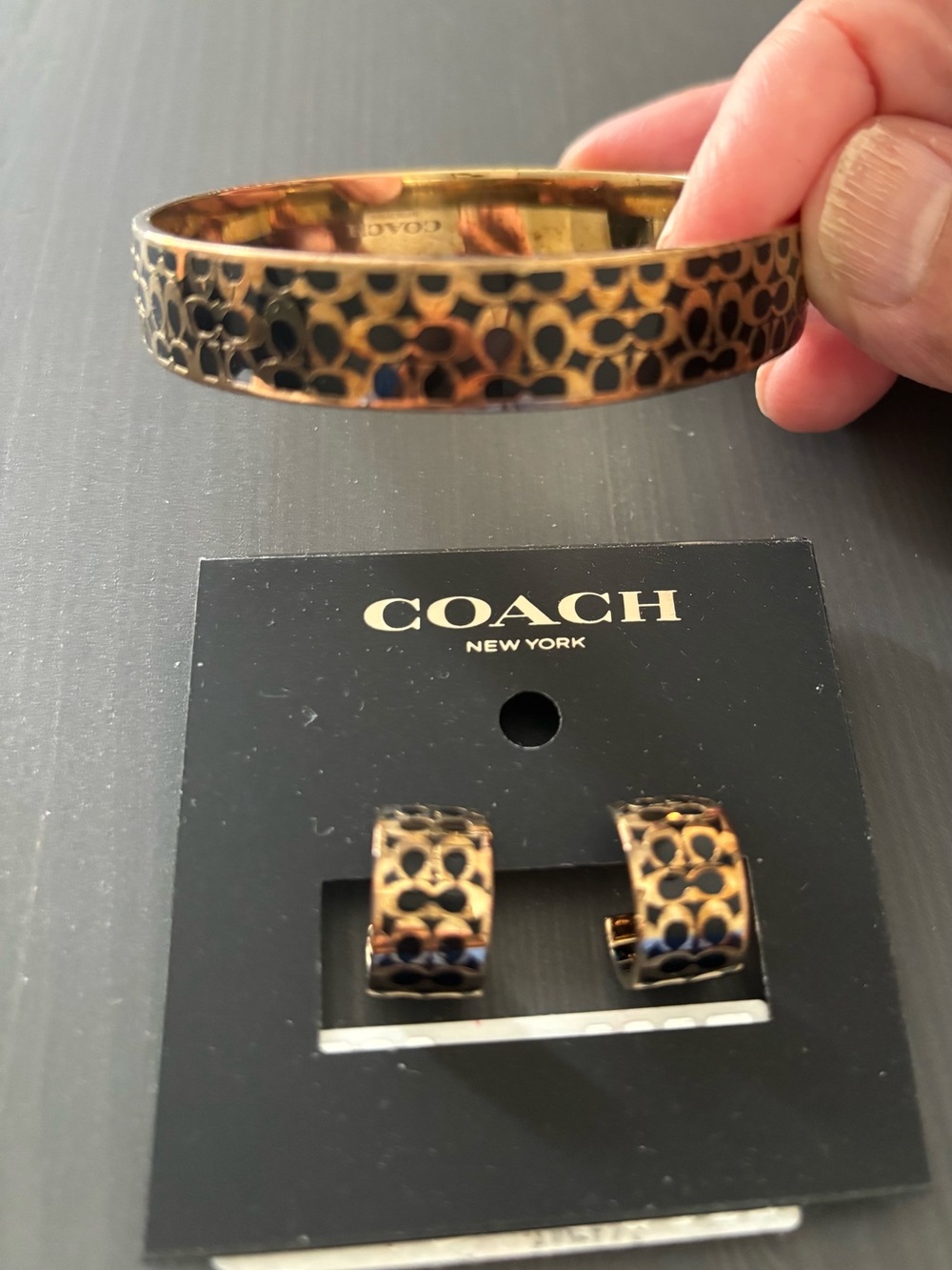Coach Gold-Tone Signature Pattern Bangle and Hoop Earring Set